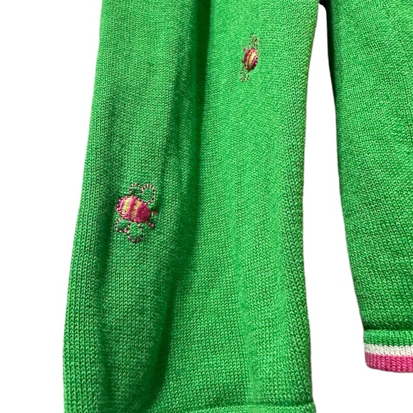 Quaker Factory silk bright green V-neck bumblebee cardigan with pink detail med - Picture 12 of 16